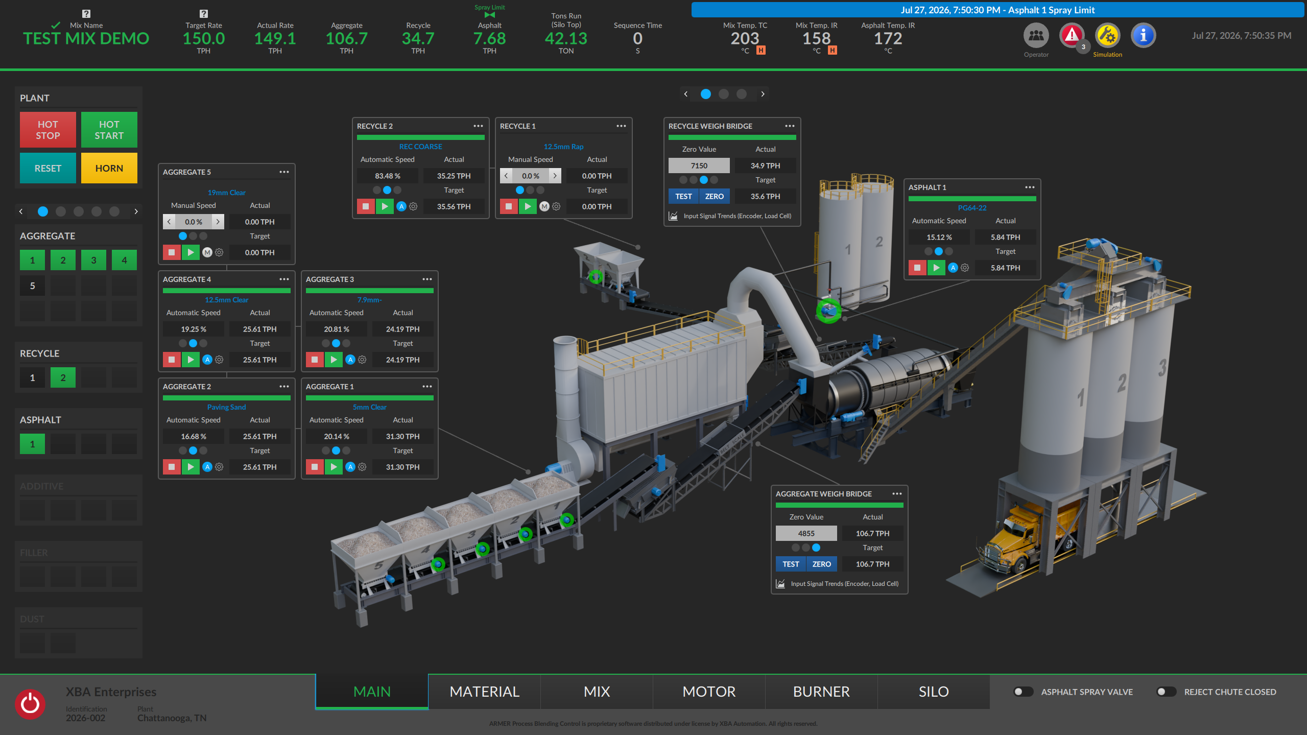 XBA ARMER control system — live plant overview screen