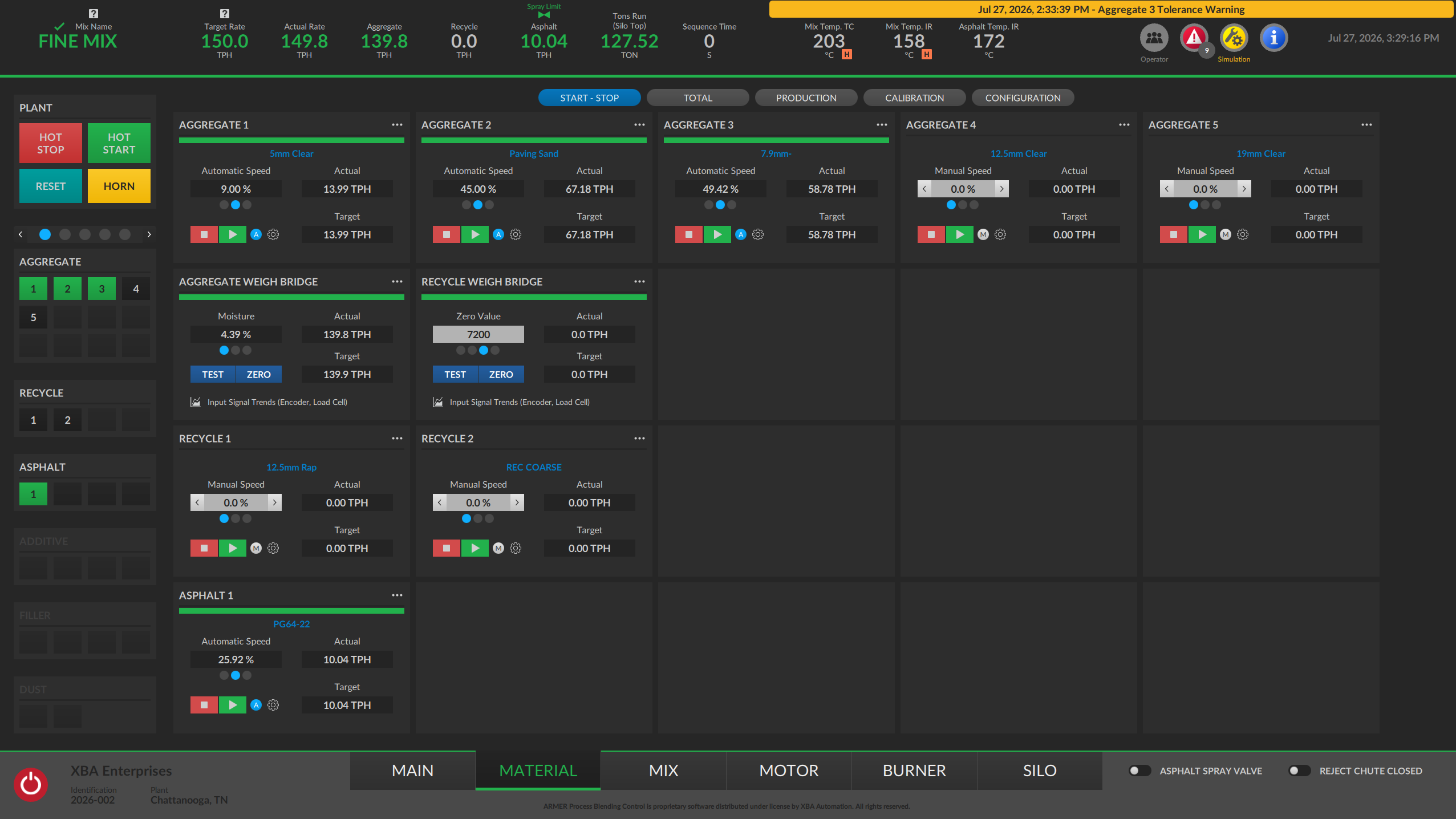 ARMER material start-stop screen