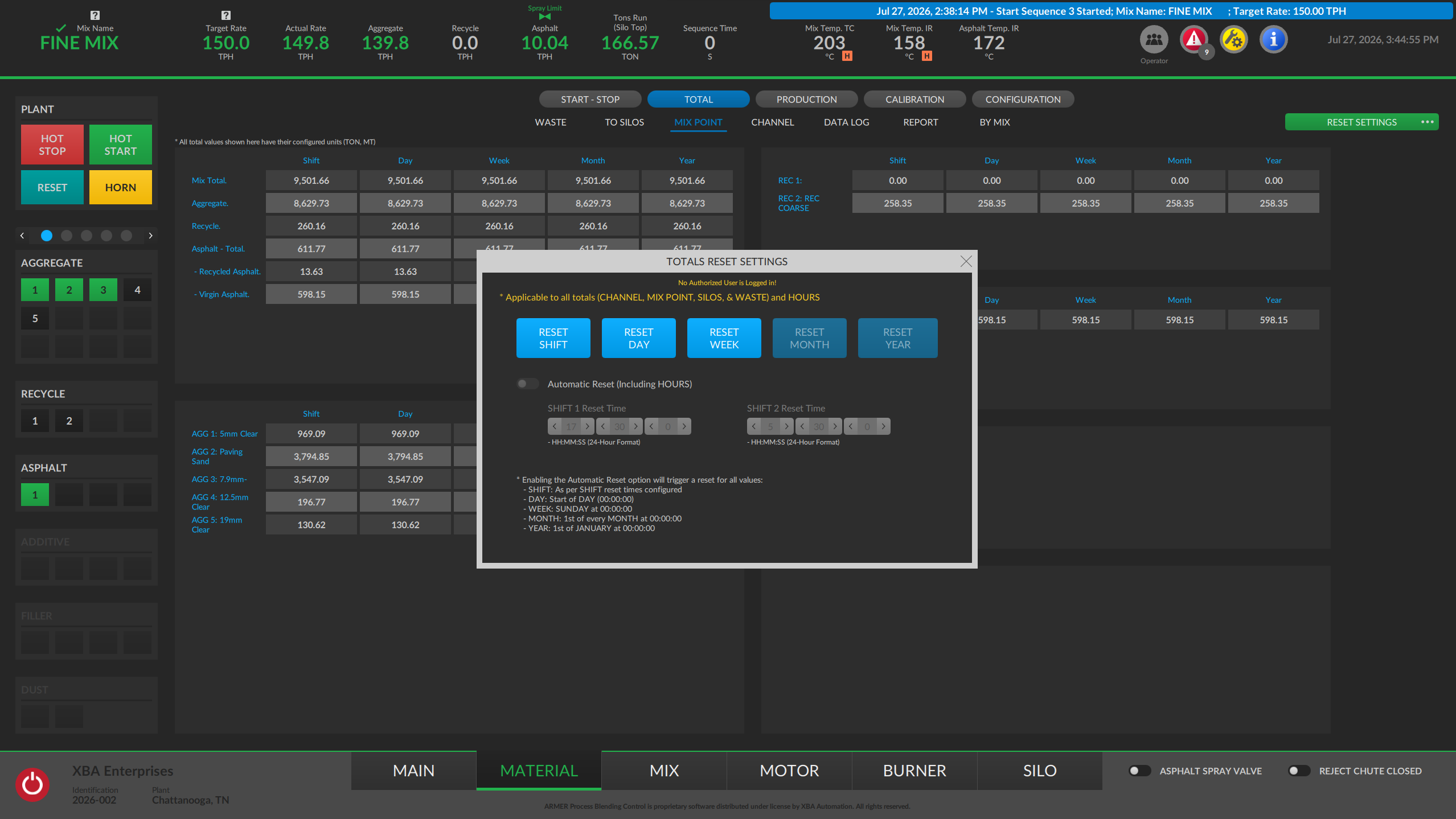 ARMER production totals screen